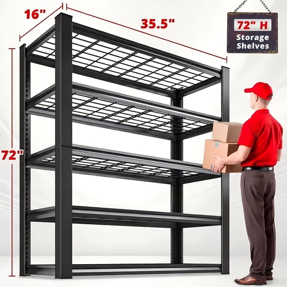 3000LBS Heavy Duty Garage Storage Rack, 72in 5-Tier Adjustable Metal Shelving, Reinforced Frame & Open Grid Design, 10-Min Quick Assembly, for Garage Basement Warehouse