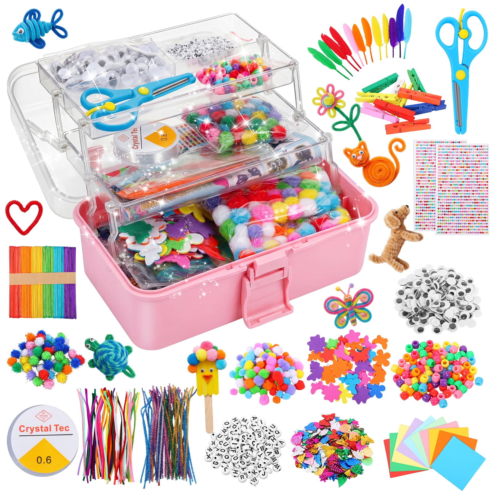 3000PCS Arts and Crafts Supplies for Kids DIY Craft Kits Art Supplies Materials Kids Crafts Set with Pipe Cleaners Craft Box Preschool Homeschool Toys Gift for Boys and Girls Age(Pink)