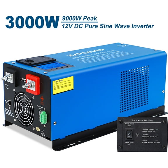‌ZLPOWER 3000W 12V Pure Sine Wave Inverter Charger - 9000W Peak, Low Frequency with LCD Display, 7 Battery Types Support, Remote Control for Home RV Boat Camping (UL1741 Certified)
