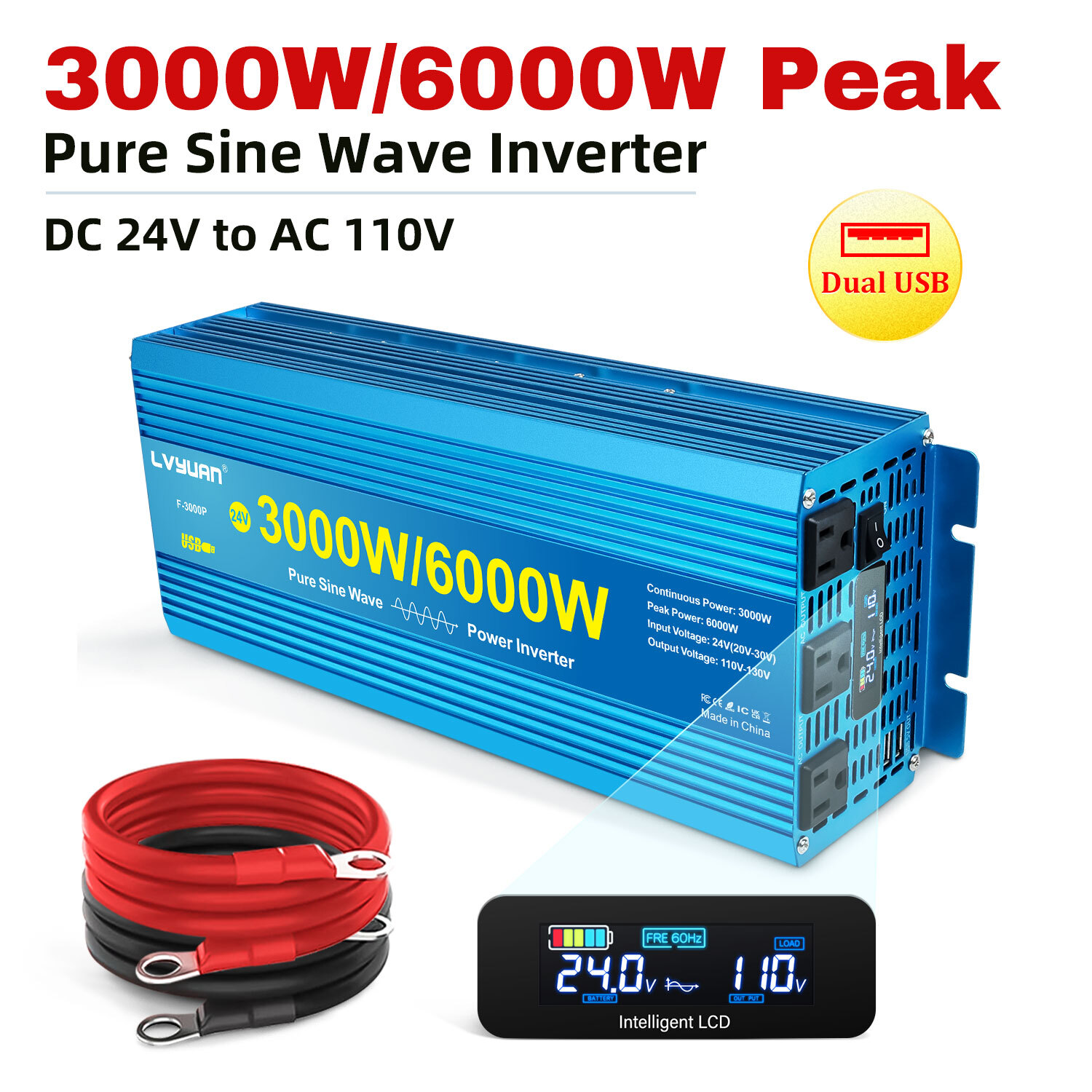 3000W 6000W Pure Sine Wave Power Inverter 24v to 110V 120V Converter 2USB Travel