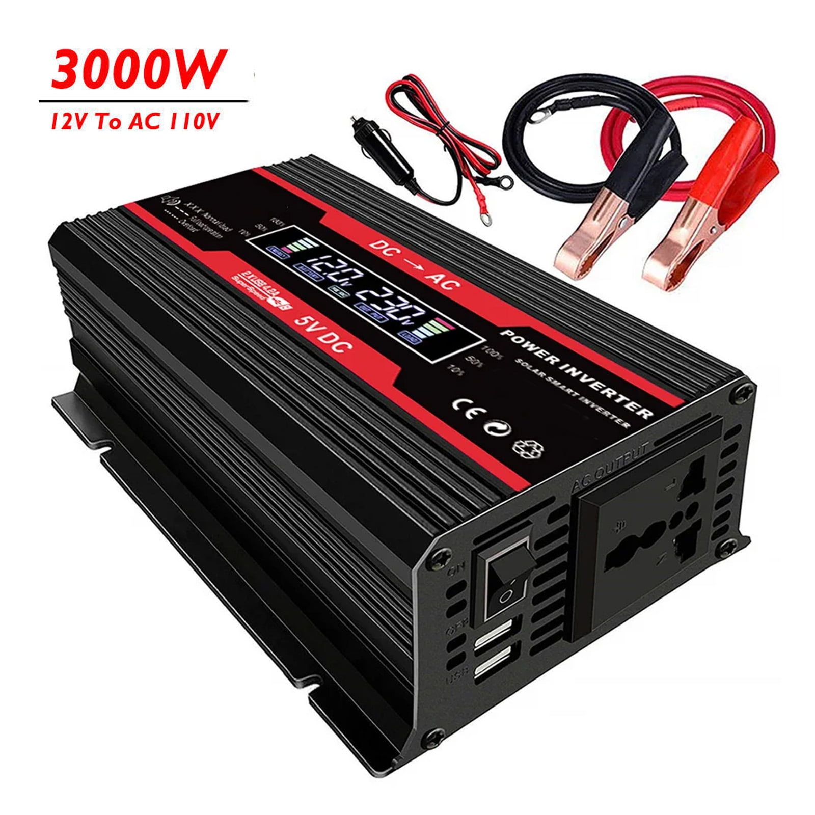 3000W Car Power Inverter 12V DC to 110V AC Power Sine Wave Converter Solar Panel with 2 USB Ports