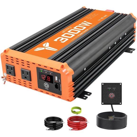 3000W Inverter 12V DC to 110V AC Converter for Home, RV, Truck, Off-Grid Solar Power Inverter with Built-in 5V/2.1A USB, AC Hardwire Port, Remote Controller