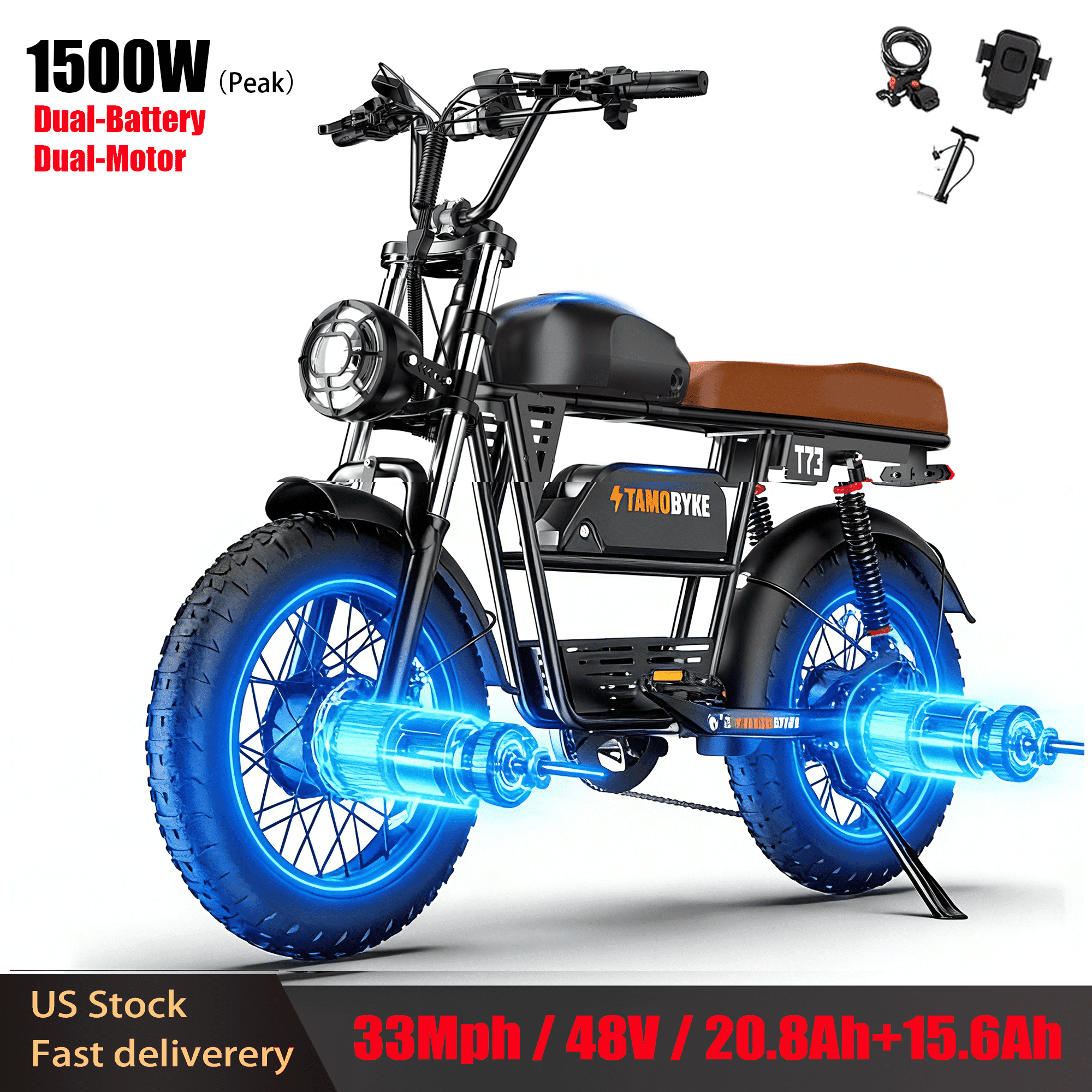 3000W Peak Dual Motor 37.5mph Tamobyke T73 Pro Max off road Electric Bike for Adults, 48V 36.4Ah Dual Battery Mountain Ebike,20" Fat Tire Full Suspension UL2849