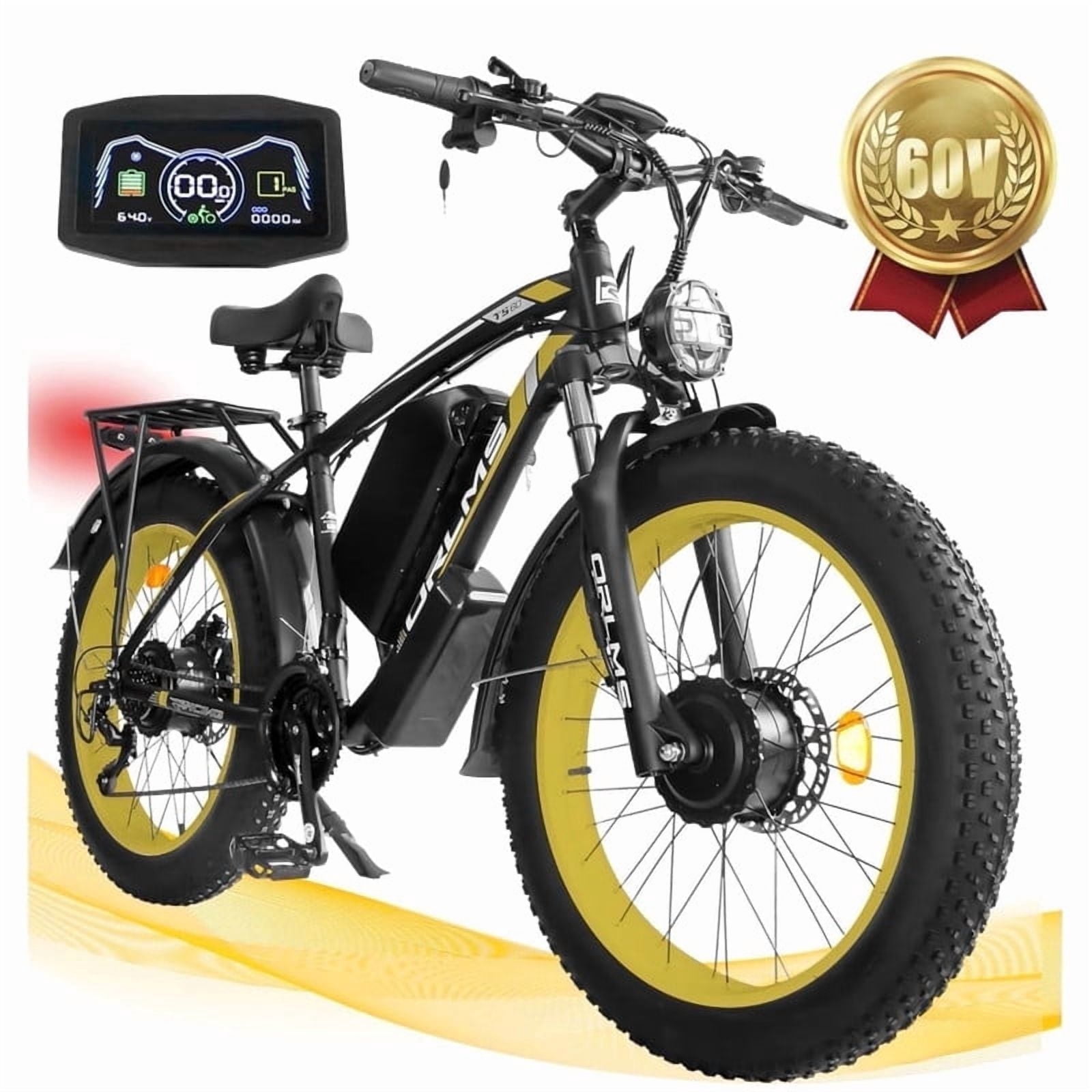 3000W(Peak) Dual Motor Electric Bike for Adults,60V25Ah Removable Battery Ebike,Max 38Mph,7-Speeds 26" Fat Tire Mountain Snow E Dirt Bike MTB UL2849