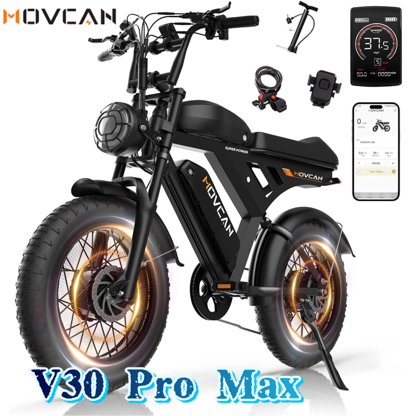 3000W(Peak) Motor MOVCAN V30 Pro Max Electric Bike for Adults,,20" Fat Tire Ebike, 37.5MPH 100 Miles, 48V 31.2Ah Dual Battery Motorcycle Ebike for Off-roading