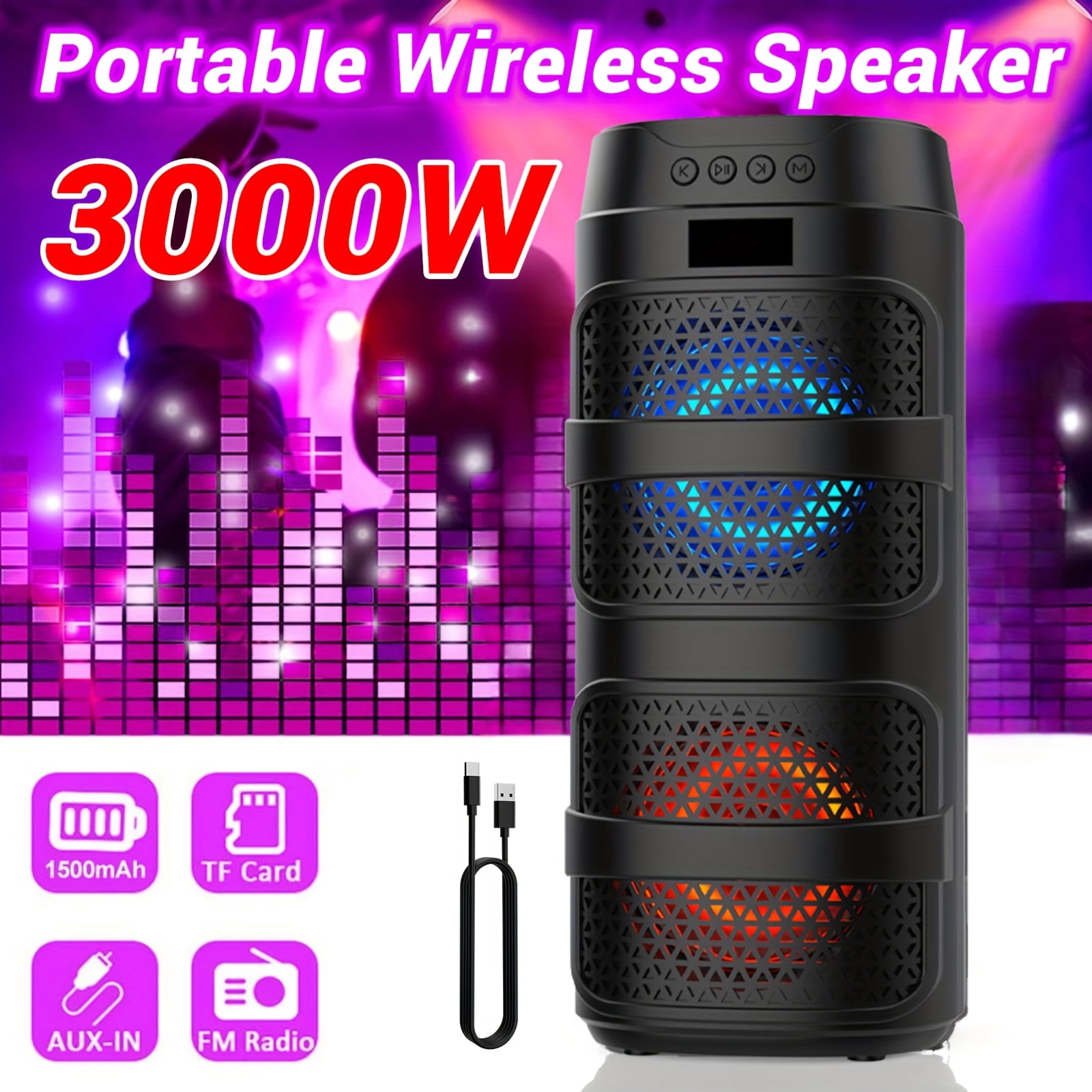 Portable 3000W Wireless Speaker with Disco Lights, Rechargeable Battery & Charging Cable for Outdoor Entertainment | Durable & Colorful LED