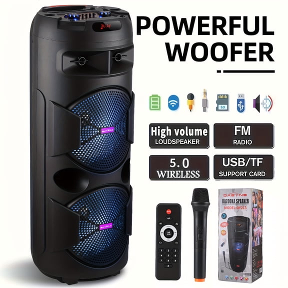 3000W Portable Wireless Speaker with Double 12'' Subwoofer, Heavy Bass, LED Lights, FM Radio, 33ft Range for Outdoor Party Travel Home Stereo