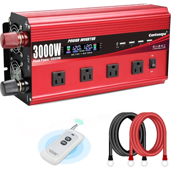 3000W Power Inverter 12V to 110V/120V DC AC with LCD Dplay, Remote Controller 4 x Outlets and 3.1A USB Car Adapter for Truck Boat RV Solar System