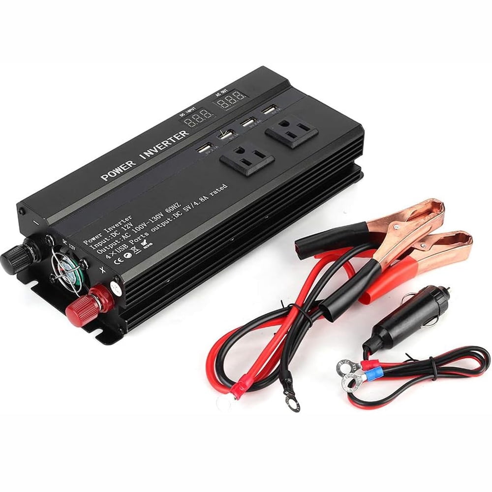 3000W Pure Sine Wave Power Inverter DC 12V/24V to AC 110V Car Converter with LCD Display, 2 AC Outlets, 4 USB Ports, Battery Clips, Vehicle Solar Emergency Power Supply