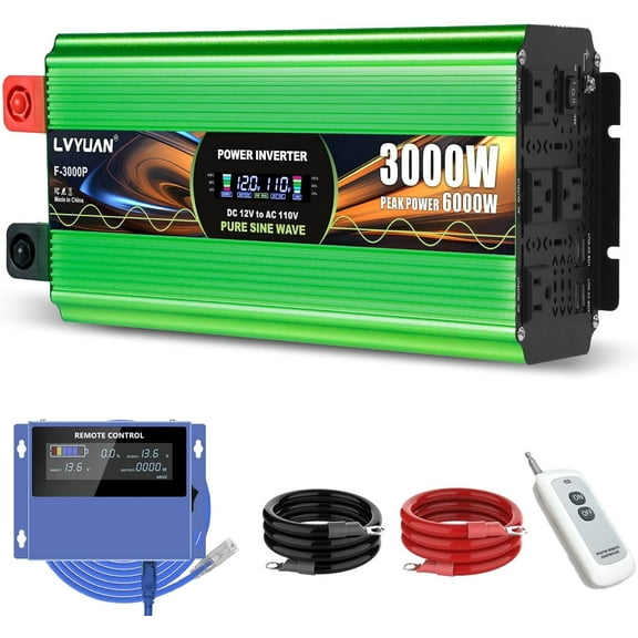 3000W Pure Sine Wave Power Inverters, LVYUAN 6000W Peak Power 12V DC to AC 120V Power Converter for RV, Truck, Outdoor, Remote Control Quadruple AC Outlets and USB Ports Inverter with LCD Display