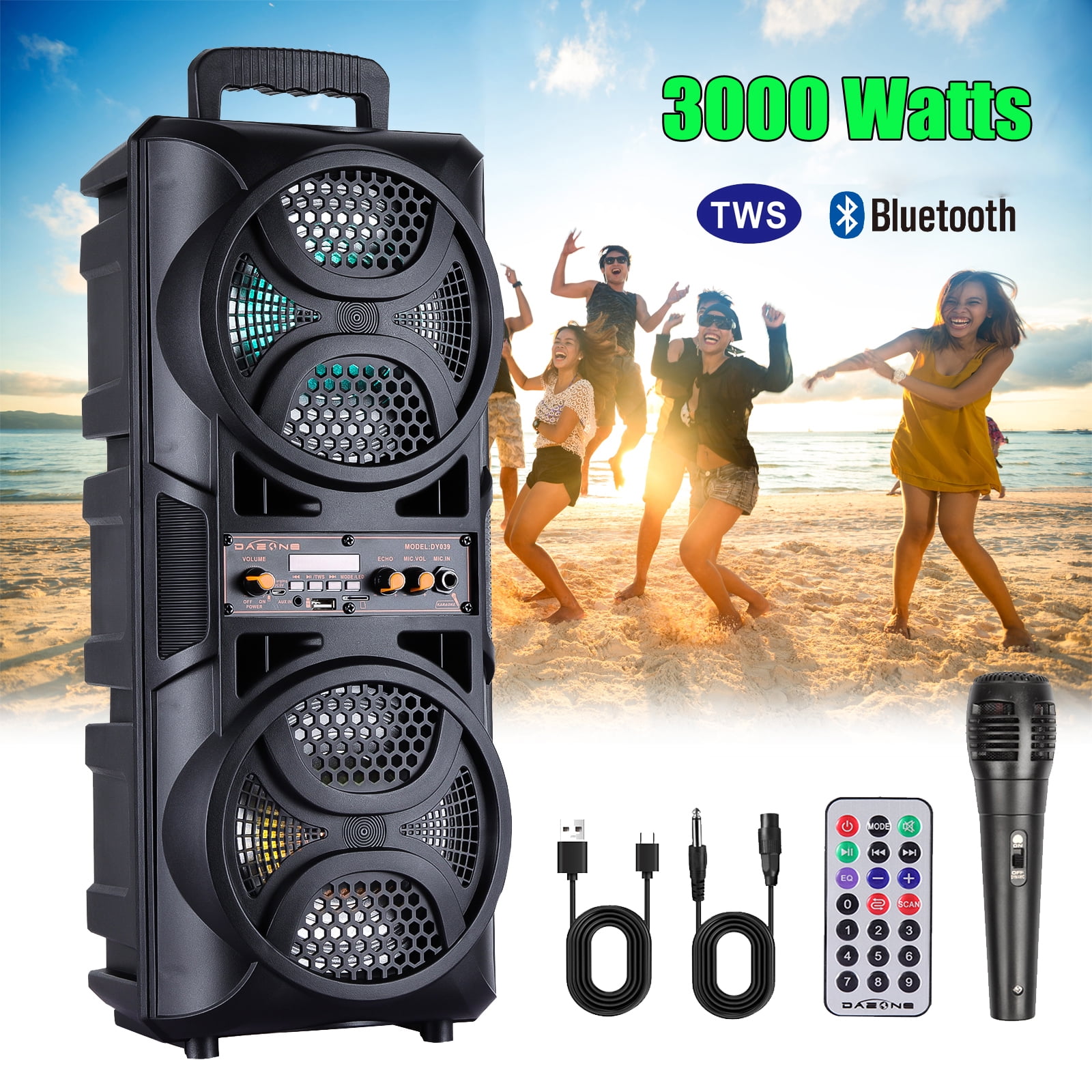 3000W TWS Bluetooth Speaker with FM Radio, Dual 6.5'' Sub Woofer, Heavy