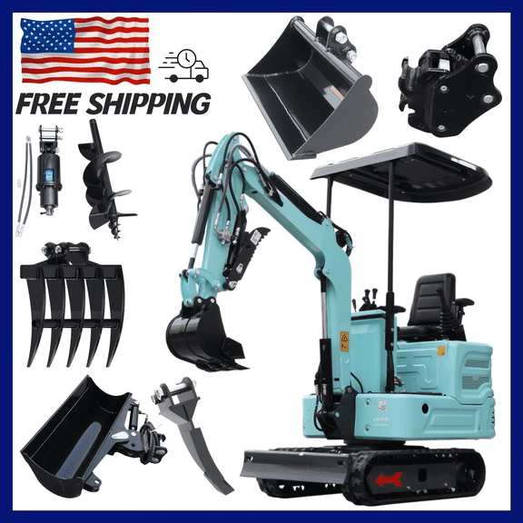 3000lb Mini Excavator Kubota Diesel EPA Engine, Pilot Control System, Quick Coupler, Hydraulic Thumb, Auger, Ripper, Mud Bucket, Rake, Multifunctional Digger for Farm, Garden, Home & Sma