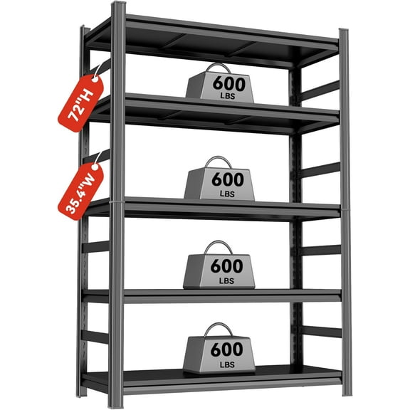 3000lbs Garage Shelving,Standing Heavy Duty Metal Shelves,5 Tier Adjustable Height Shelf,Sturdy Steel Utility Rack (with Fences-35.4" W*15.8" D*72" H)