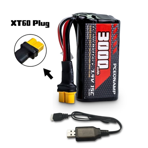 3000mAh 2S Battery 7.4V Li-ion Battery with XT60 Plug Rechargeable RC Car Battery fit for most 4WD Remote Control Car and Trucks Vehicles, with USB Charger Cable