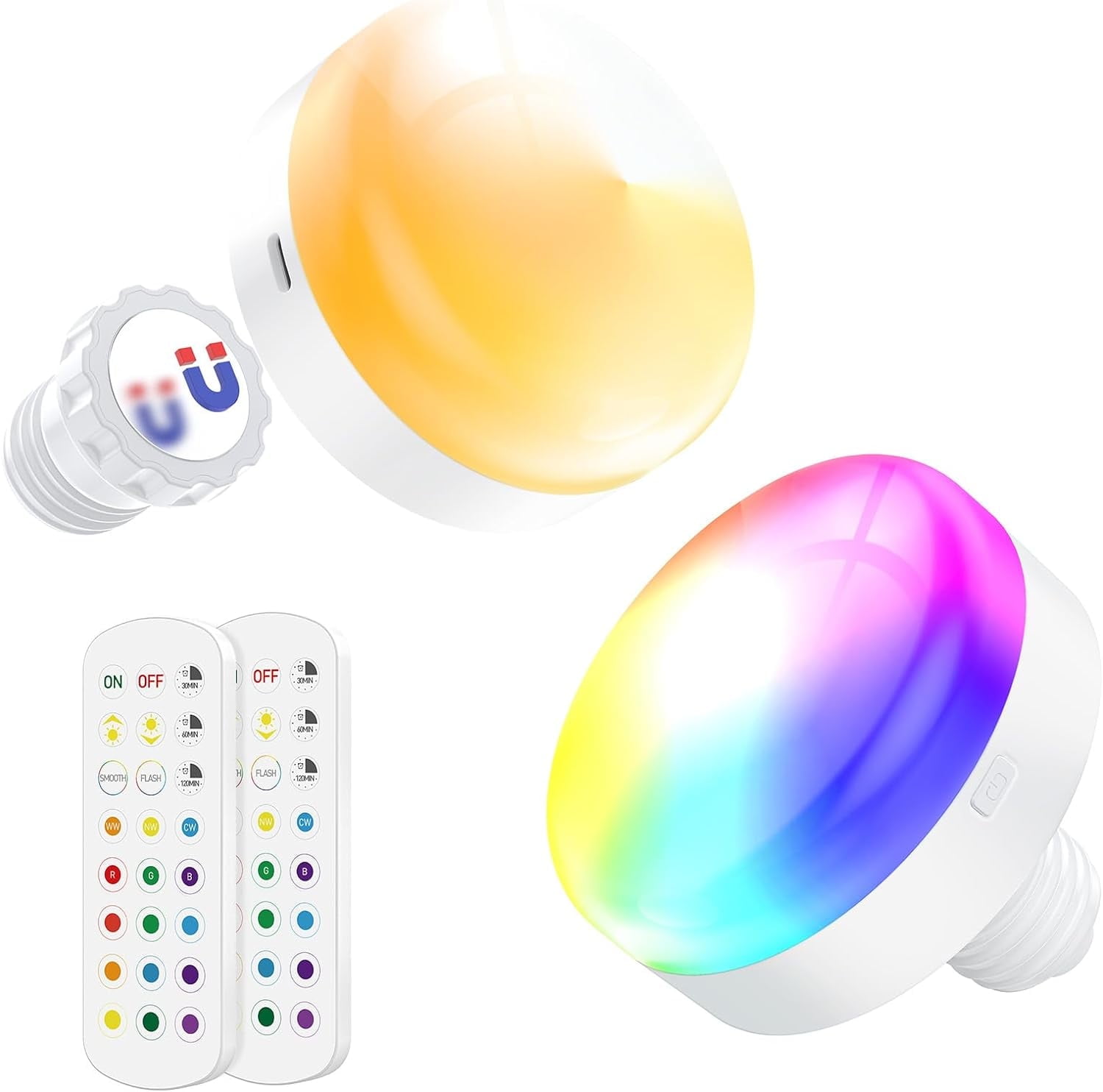 3000mAh Rechargeable Puck Light LED Bulb, 300LM, RGB Dimmable E26 with Remote Control, Emergency Lamp for Home, Camping
