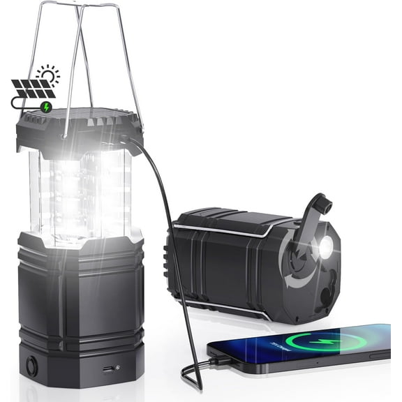 3000mAh Rechargeable Camping Lantern Solar Powered, Hand Crank, USB-C Charging, Super Bright LED Flashlight & Tent Light, Portable Power Bank for Hurricane, Power Outages, Survival Kit