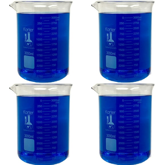 3000ml Beaker, Low Form Griffin, Borosilicate 3.3 Glass, Double-Scale Graduations, Karter Scientific 247Q5 (Pack 4)