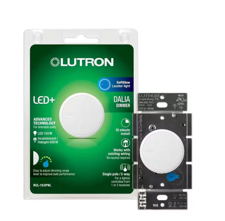White Rcl LUTRON Dalia LED+ Illuminated Rotary Light Dimmer Switch, 150W LED ...