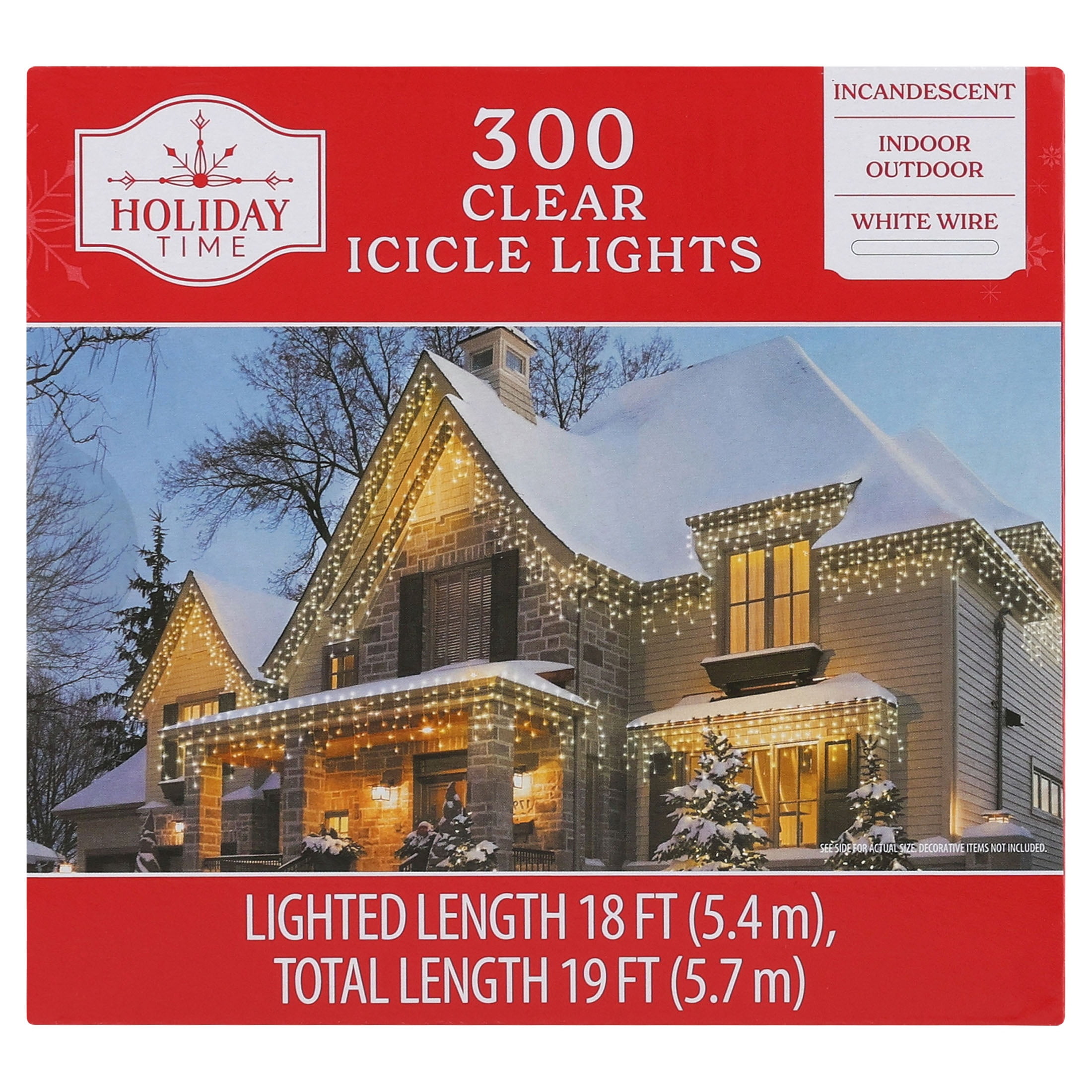 Indoor/Outdoor 300-Count Incandescent Christmas Icicle Lights, Clear, White Wire, 18', by Holiday Time