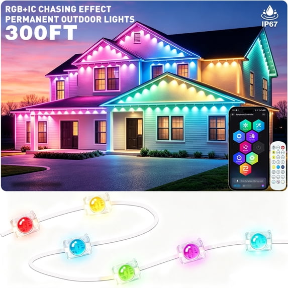 300ft Waterproof Permanent Outdoor RGB IC Lights String, Gradient Square Eave Lights App & Remote Control Lights with Music Sync, DIY Scene Modes for House Eaves, Christmas, Halloween