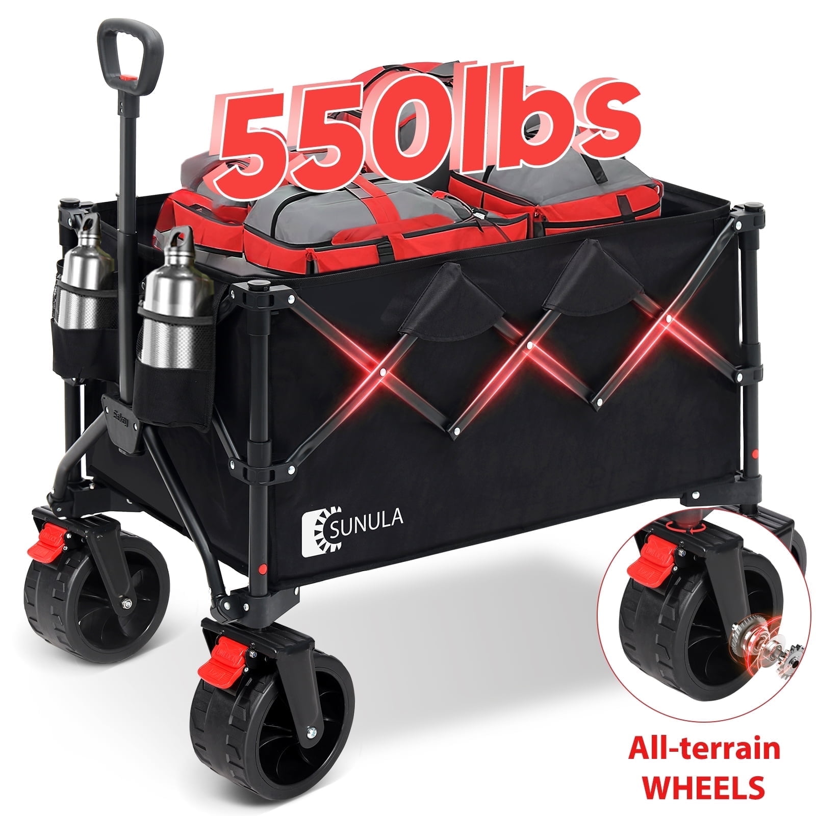 Sekey 550LBS Collapsible Foldable Wagon 300L Weight Capacity Beach Heavy Duty Folding Utility Garden Wagon Cart with All-Terrain Wheels, Drink Holder for Shopping Camping Grocery Sport Outdoor. Black