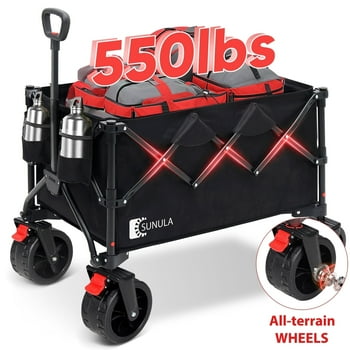 Sekey 550LBS Collapsible Foldable Wagon 300L Weight Capacity Beach Heavy Duty Folding Utility Garden Wagon Cart with All-Terrain Wheels, Drink Holder for Shopping Camping Grocery Sport Outdoor. Black