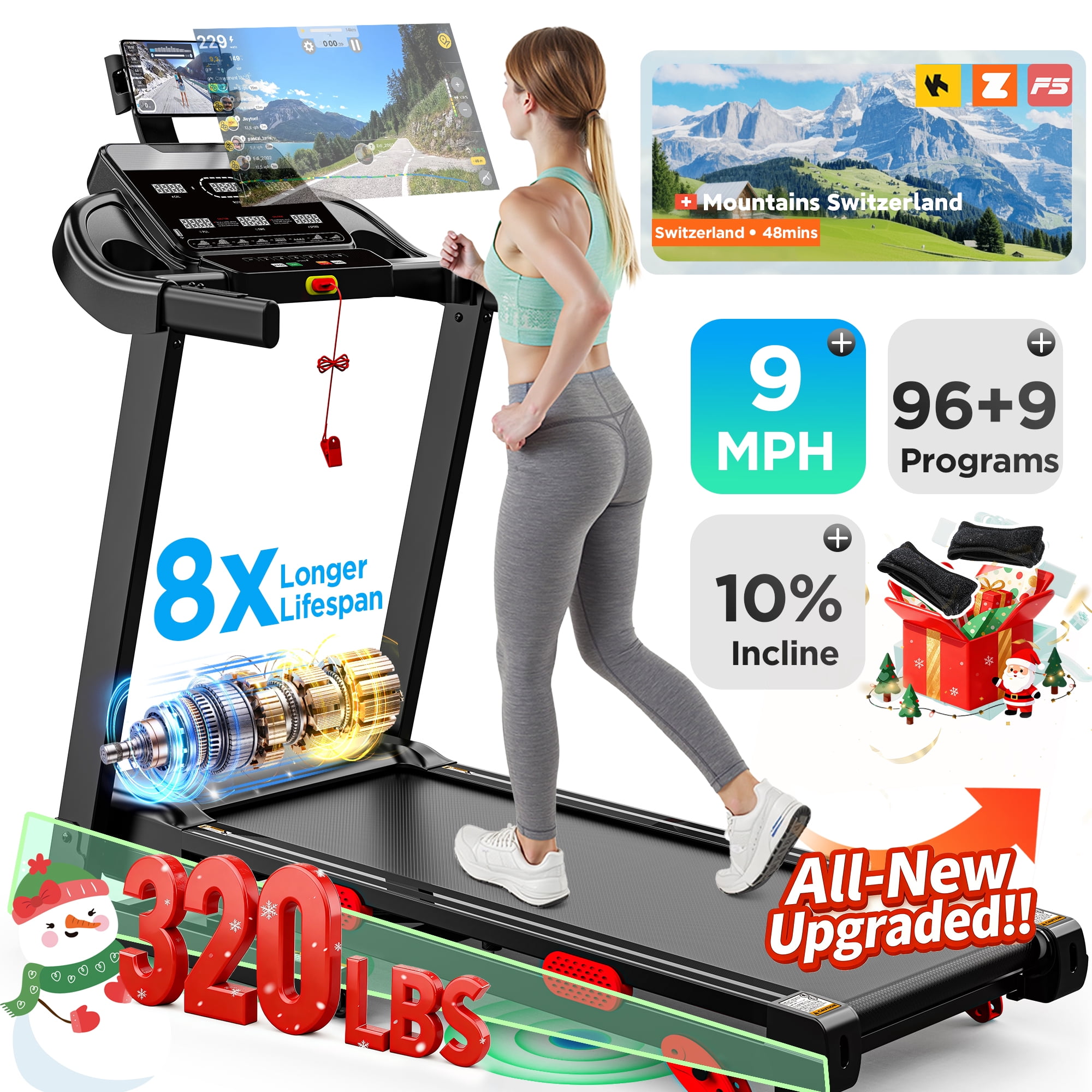 300LBS Capacity Folding Treadmill w/ Incline for Home, 3.75HP Portable Treadmill, 64+3+3+1 Program, Wide Shock Absorption Belt, Walking Running Exercise Machine
