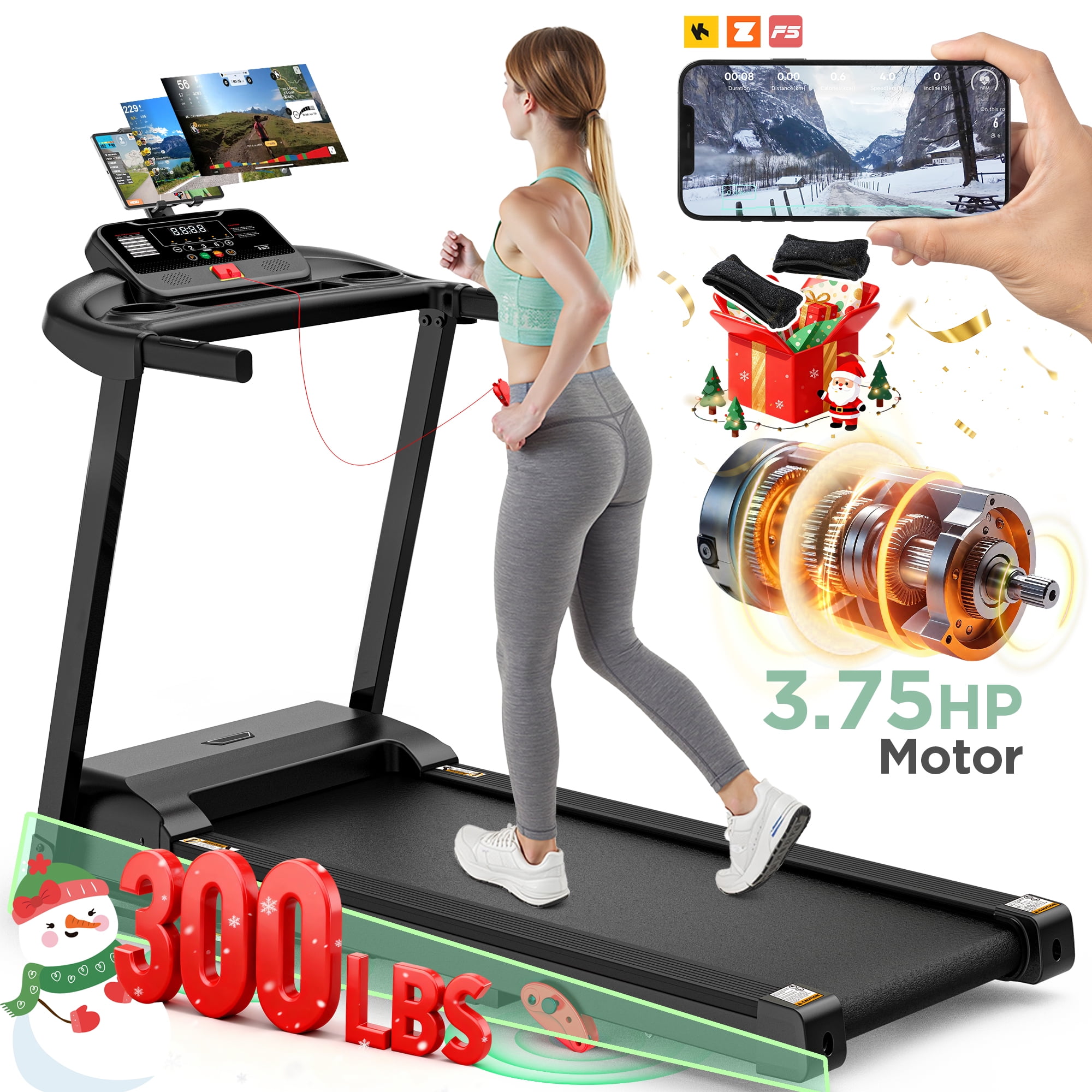 300LBS Capacity Folding Treadmill w/ Incline for Home, 3.75HP Portable Treadmill, 64+3+3+1 Program, Wide Shock Absorption Belt, Walking Running Exercise Machine