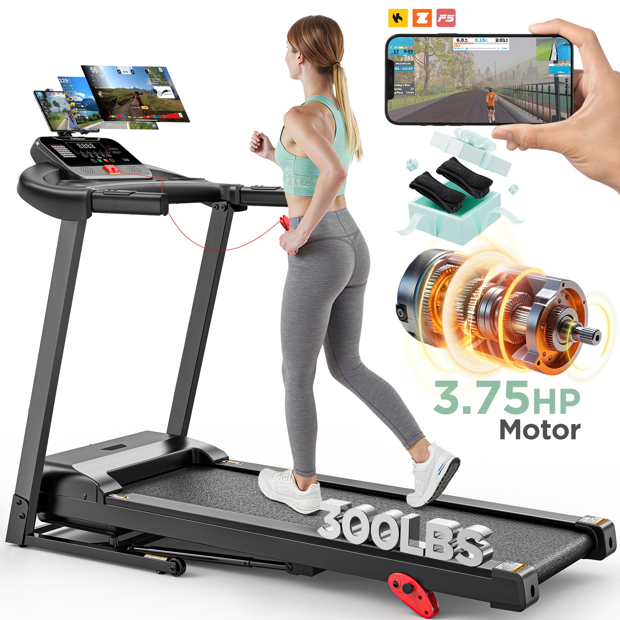 300LBS Capacity Folding Treadmill w/ Incline for Home, 3.75HP Portable Treadmill, 64+3+3+1 Program, Wide Shock Absorption Belt, Walking Running Exercise Machine