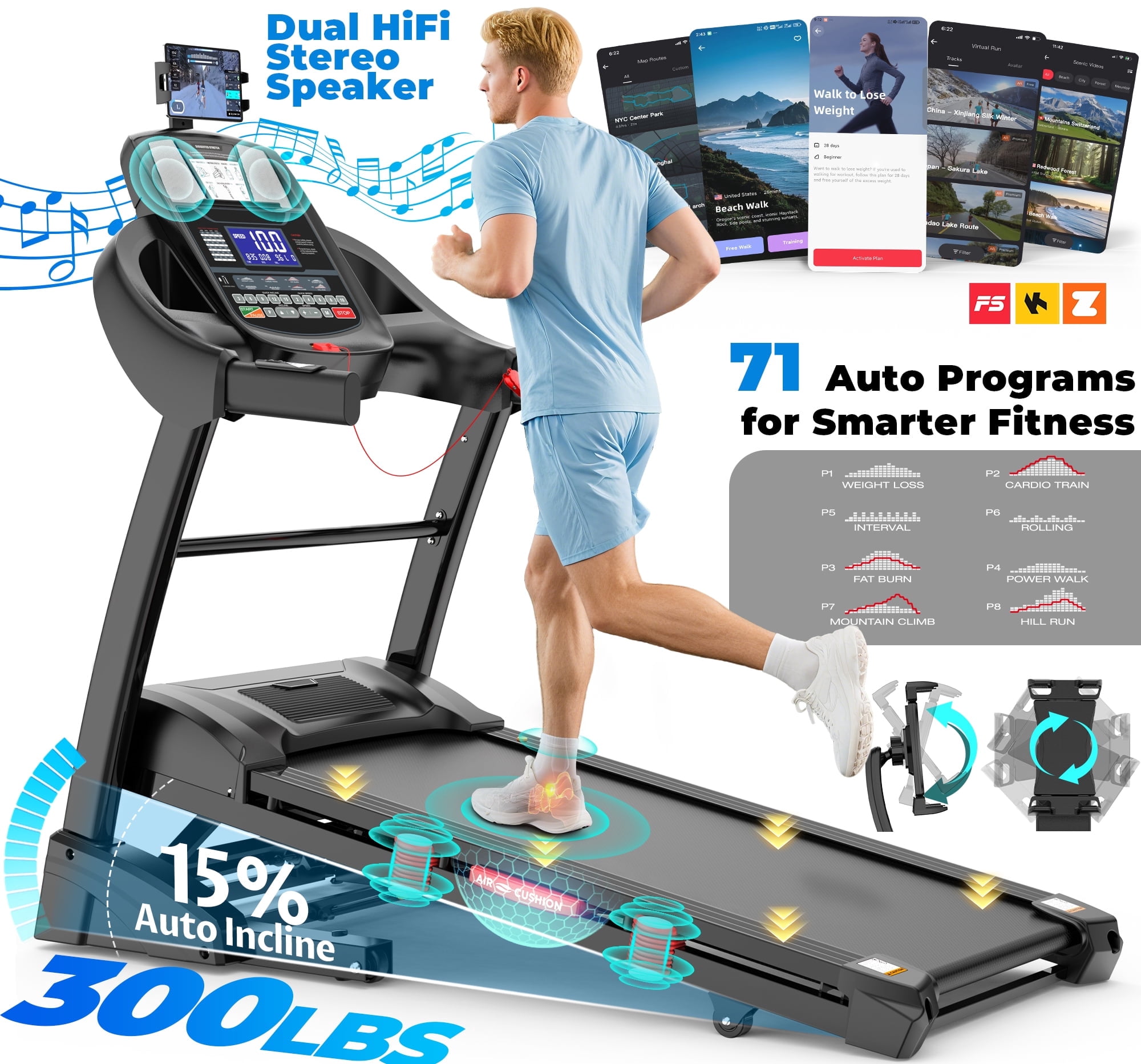 300LBS Capacity Treadmill, 4.75HP Folding Treadmill w/ 15% Auto Incline, 10MPH Portable Treadmill for Home Walking Running, Fun workouts w/ APP, 64+6+1 Programs, 6-point Shock Absorption System