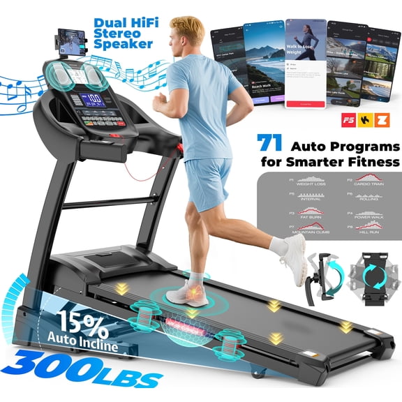 300LBS Capacity Treadmill, 4.75HP Folding Treadmill w/ 15% Auto Incline, 10MPH Portable Treadmill for Home Walking Running, Fun workouts w/ APP, 64+6+1 Programs, 6-point Shock Absorption System