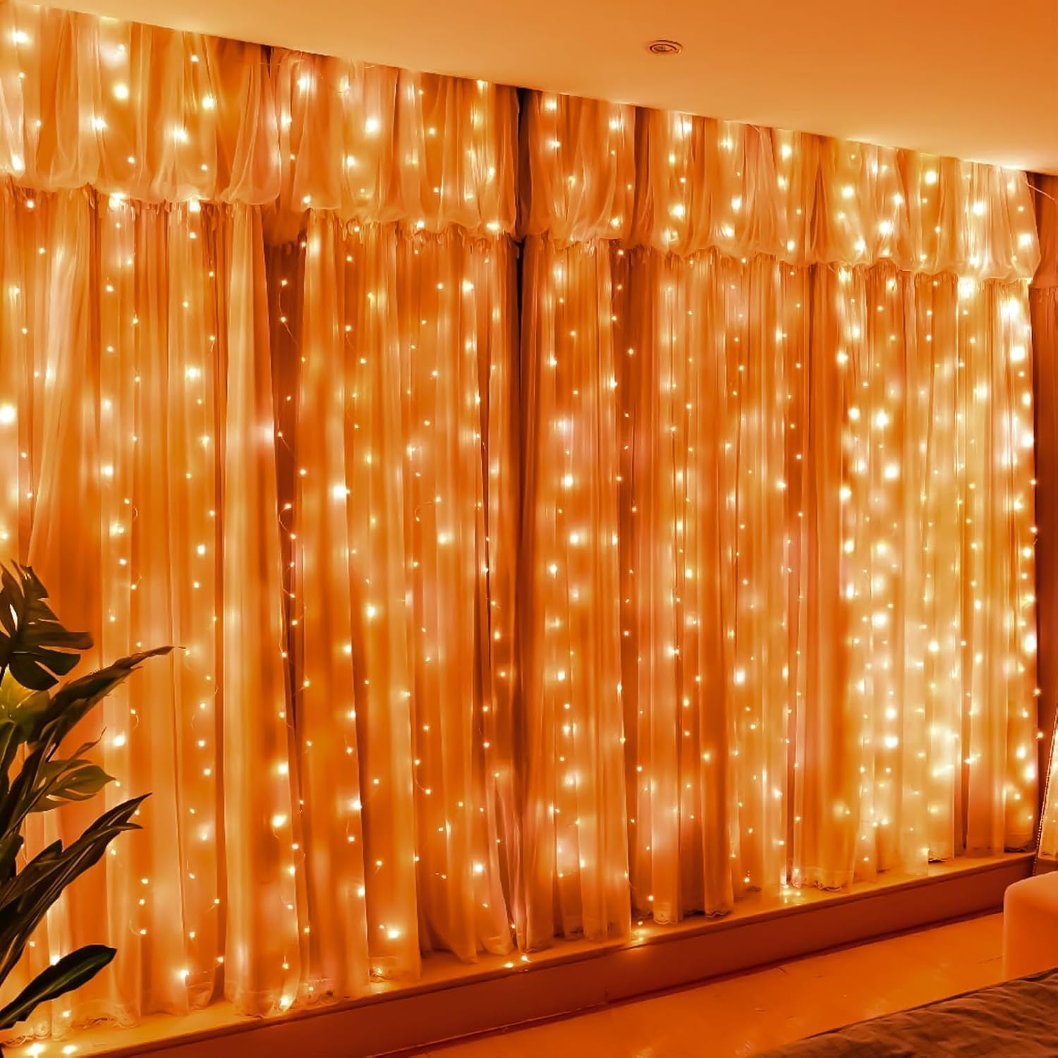 300LED Orange Fairy Curtain Lights with Remote Control, 8 Modes Timer, USB Plug-in Christmas String Lights for Bedroom, Fall, Halloween, Weddings, Party Decorations
