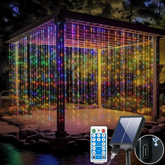 300LED Solar Curtain Lights Outdoor Indoor 8 Modes Solar Fairy Curtain String Lights Waterproof Twinkle Lights for Home Garden Patio Gazebo(Colorful)