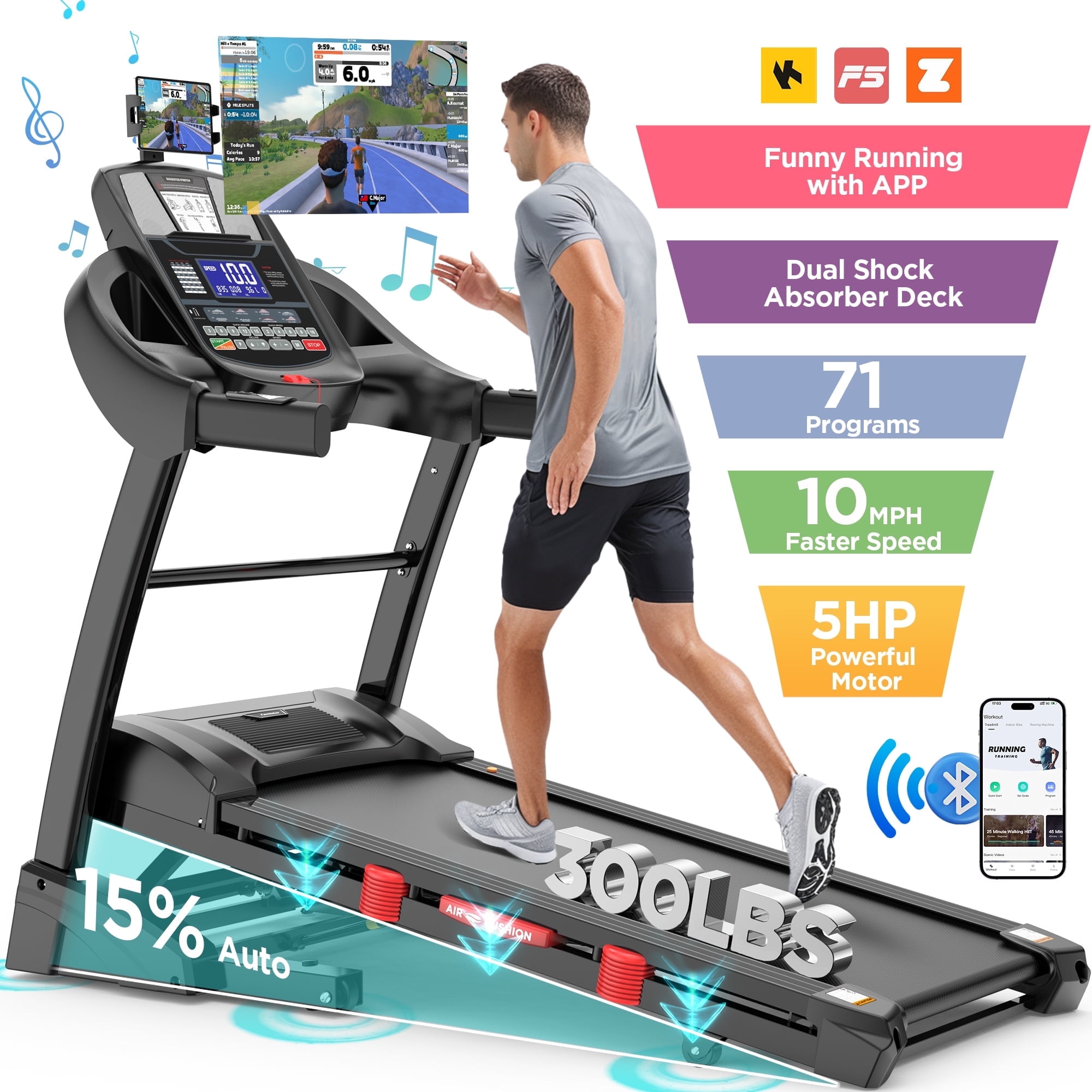 300Lbs Capacity Folding 5HP Treadmill w/15-Level Auto Incline, 64+7 Preset Programs, APP Control- Portable Treadmill for Home Jogging Walking, 10mph Speed, Dual HiFi Speaker