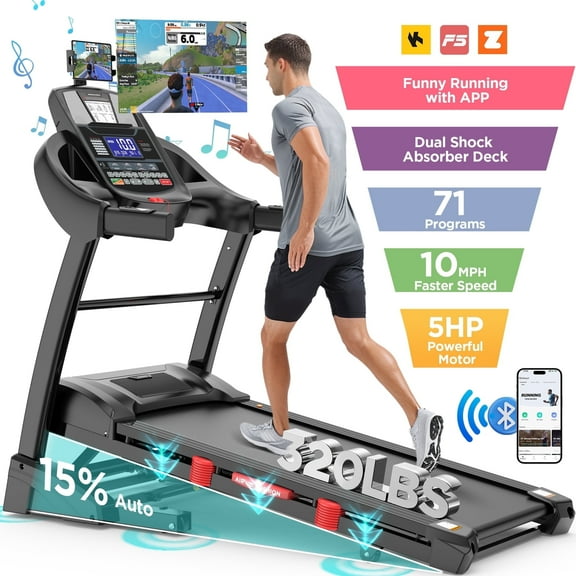 Folding Treadmill with Auto Incline – 320 lbs Capacity, 5HP Brushless Motor, 15-Level Incline, Smart APPs Control, 10mph Speed, Dual HiFi Speakers, Compact Home Treadmill for Running