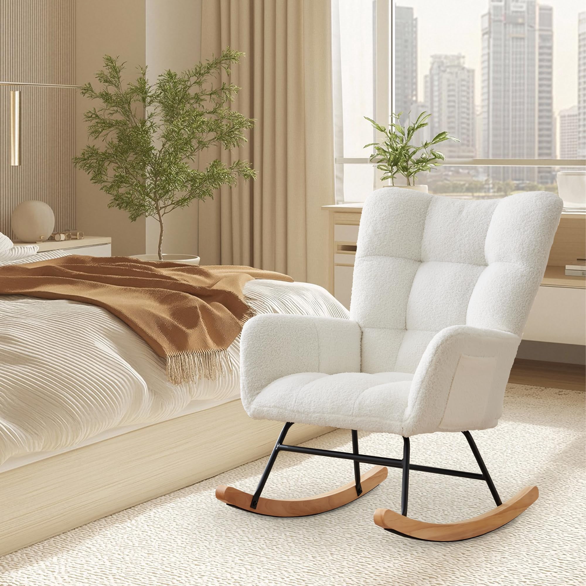 300Lbs Load-Bearing Nursery Glider Rocking Chair, Teddy Upholstered, High Backrest & Armrests, Side Pockets, Padded Seat, High Backrest, Armrests, Metal Legs & Wood Base for Living Room, Bedroom