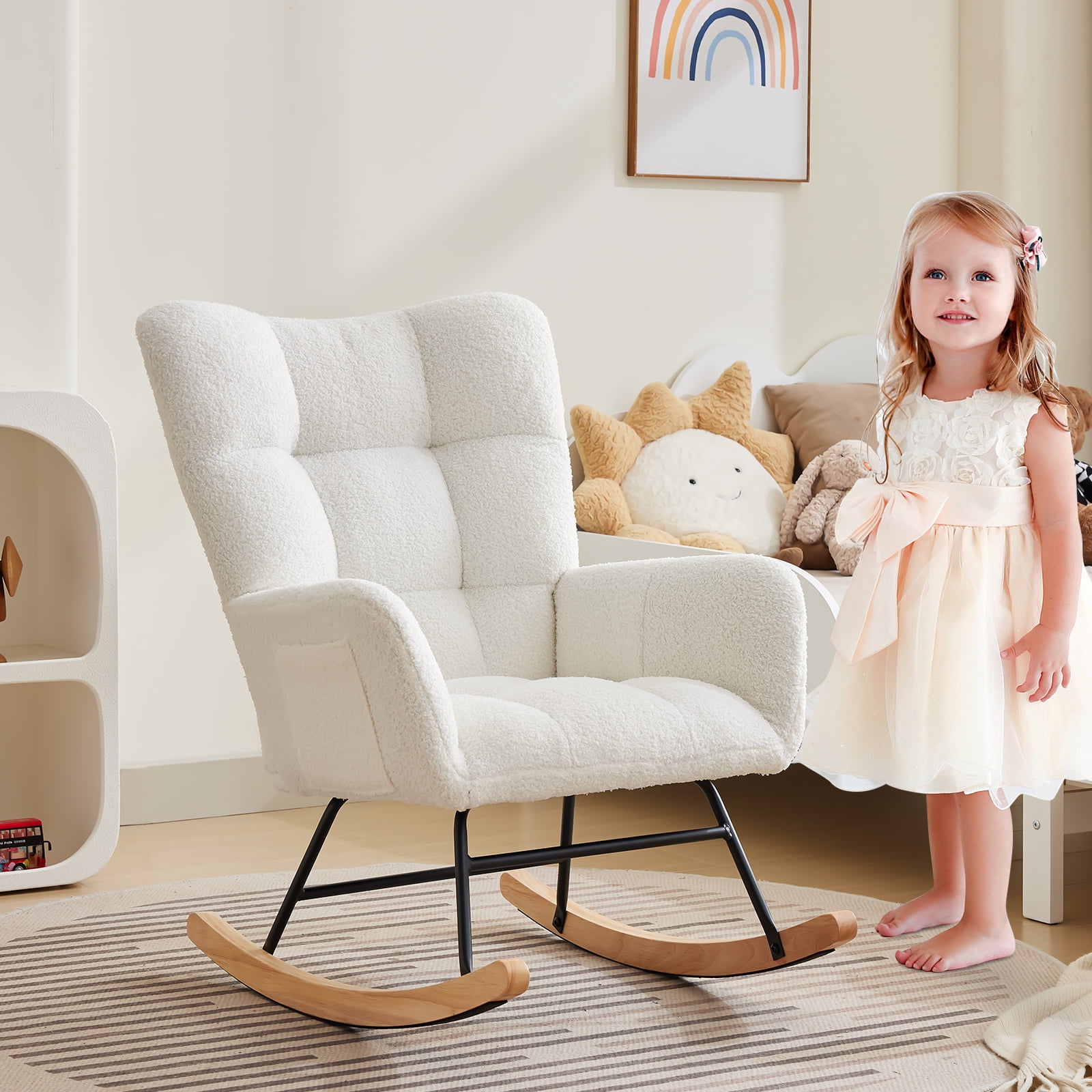300Lbs Load-Bearing Nursery Glider Rocking Chair, Teddy Upholstered, High Backrest & Armrests, Side Pockets, Padded Seat, High Backrest, Armrests, Metal Legs & Wood Base for Living Room, Bedroom