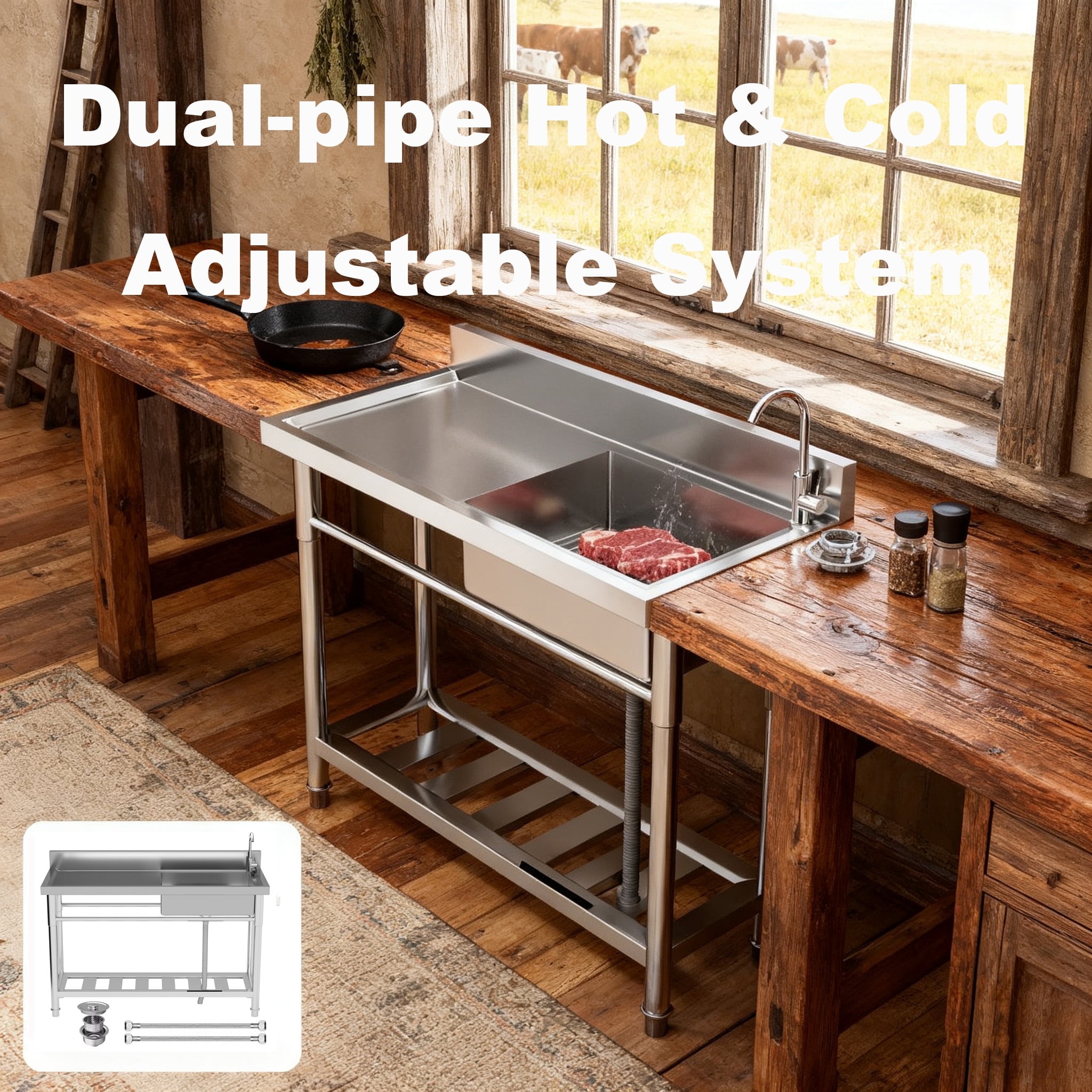 300Lbs-Load capacity Free Standing Utility Sink Stainless Steel Commercial Kitchen Sink, 360-degree rotating faucet, large load-bearing sink