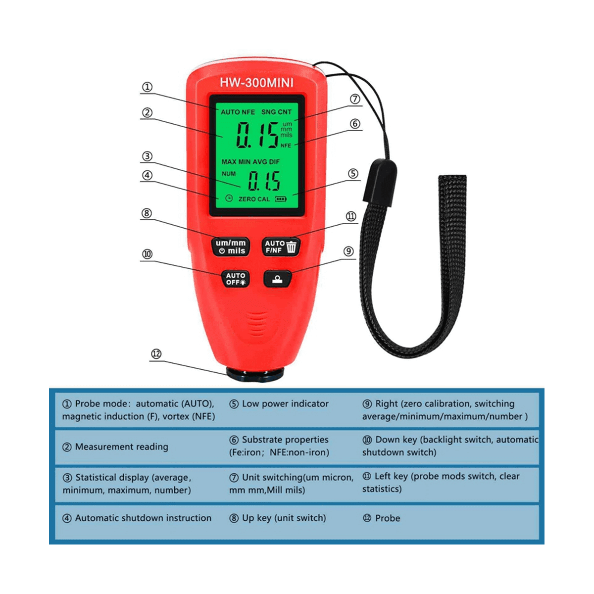 -300MINI Coating Thickness Gauge 0-2000UM Measuring Paint Tools