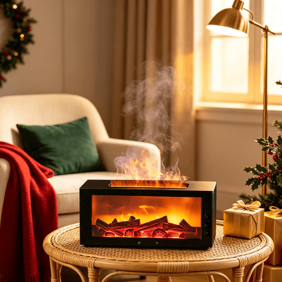 300ML Christmas Aromatherapy Essential Oil Diffuser With 3 Oils Fireplace Flame Air Humidifier LED Light 7 Colors for Home Fragrance Decoration