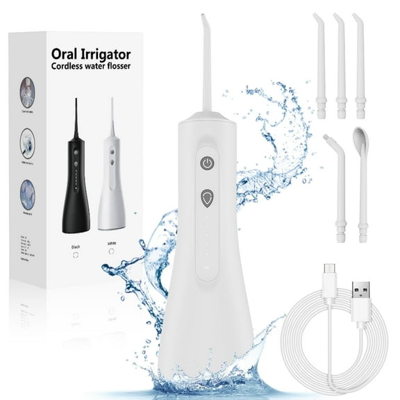 Cordless Water Flosser 300ml, IPX7 Waterproof Oral Irrigator with 5 Cleaning Modes & 5 Tips, Rechargeable Dental Flosser for Teeth Care, Home & Travel - White