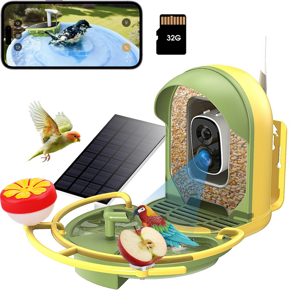 Smart Bird Feeder with Camera & Bird Bath,Bird Watching Camera with Motion Detection & Solar Panel,Waterproof, 2K Live View,Ideal Present for Bird Lover,Yellow