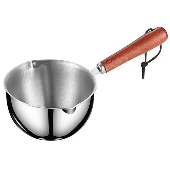 300ML Stainless Steel Butter Warmer Pot with Wooden Handle and Dual Pour Spouts
