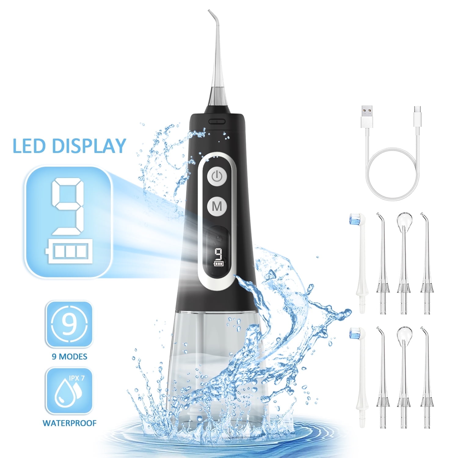 300ml Water Flosser, LCD Display Portable Water Flosser Cleaner Picks with 9 Modes 8 Jet Tips, IPX7 Waterproof Electric Flosser Oral Irrigator for Home Travel Off-dark