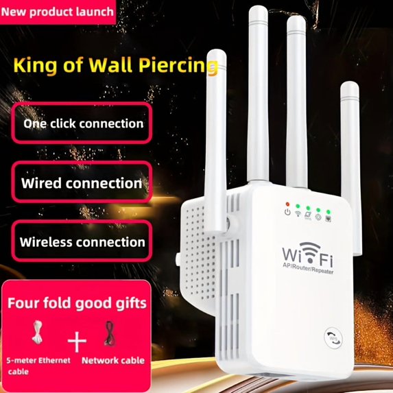 "300Mbps WiFi Booster - 2.4GHz USB Repeater, Plug & Play, Quad Antenna for Enhanced Range/Speed - Portable Hotspot Expander for Office/Home, US Plug"