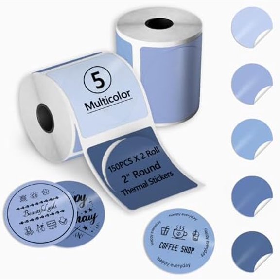 300PCS 2 Inch Circle Thermal Label Stickers for Thermal Printer, Blue Series Custom Sticker for Office Supplies, Seafood, 2x150PCS/ Roll Multicolor Stickers with PL70E/ PL80E/ Y812/ X1038 Label Maker