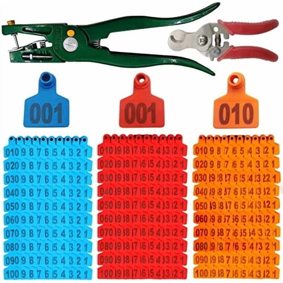 300PCS Cattle Ear Tags Kit - 001-100 Numbered Plastic Red Blue Orange Livestock Ear Tags + Applicator + Remover$$Garden & Patio