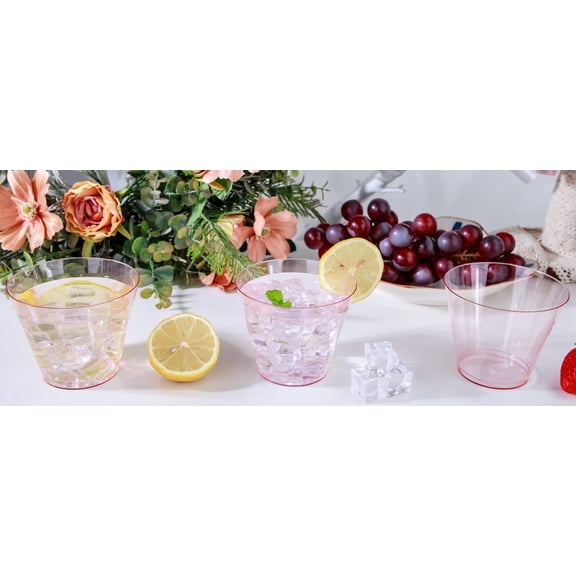 300PCS Clear Pink Plastic Cups - 9 Oz Heavy Duty Plastic Cups - Clear Party Cup Disposable Wine Cup for Parties & Weddings & Party