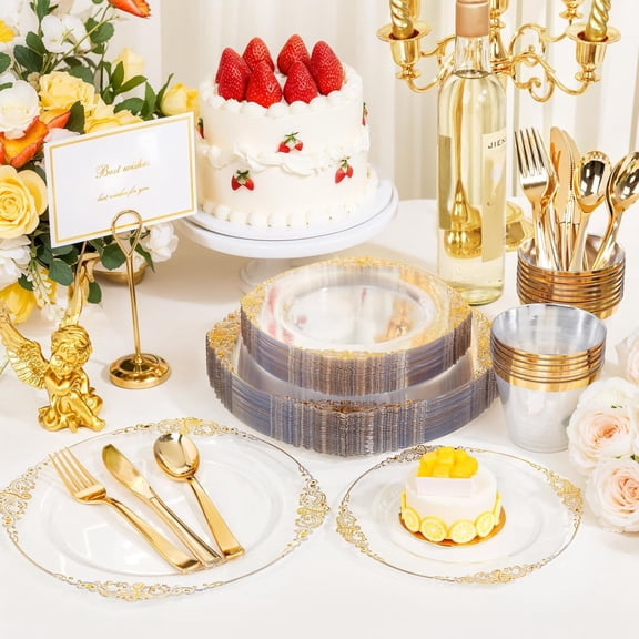 300PCS Clear and Gold Plastic Plates - Disposable Dinnerware Set for 50 Guests