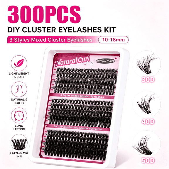 300PCS DIY Cluster Eyelashes Kit, 30D/40D/50D Mixed Styles, 10-18mm Lengths, Natural Curl Individual Lashes, Soft Fiber False Eyelashes for Daily & Wedding Makeup
